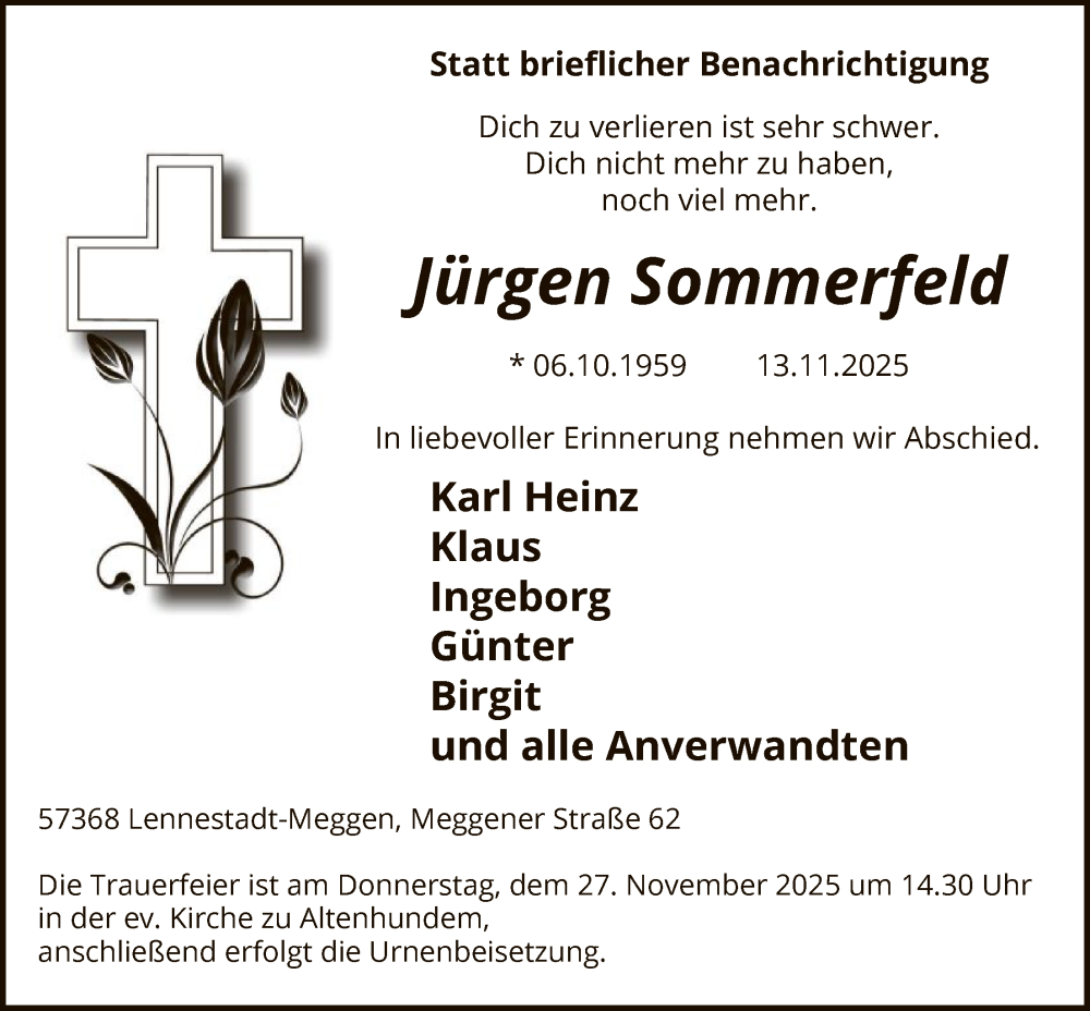  Traueranzeige für Jürgen Sommerfeld vom 22.11.2025 aus HASK
