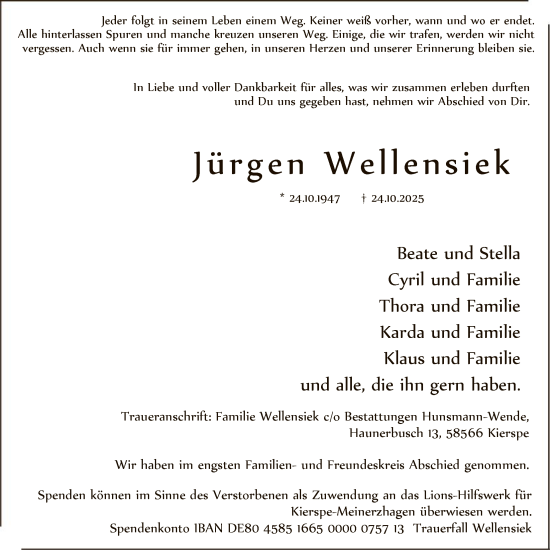 Traueranzeige von Jürgen Wellensiek von HALN
