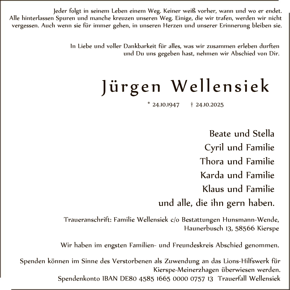  Traueranzeige für Jürgen Wellensiek vom 04.11.2025 aus HALN