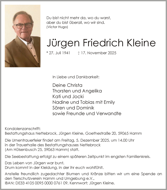 Traueranzeige von Jürgen Friedrich Kleine von HAWA