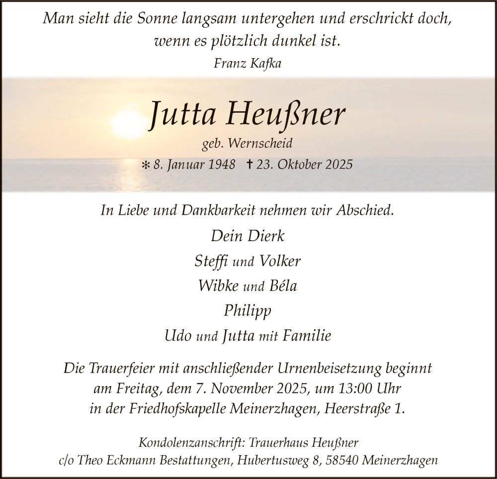  Traueranzeige für Jutta Heußner vom 31.10.2025 aus HALN