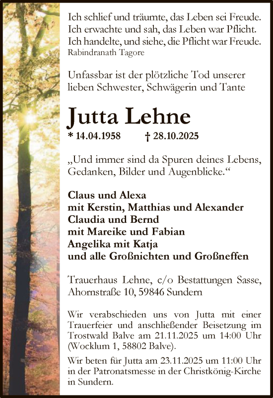 Traueranzeige von Jutta Lehne von HASK