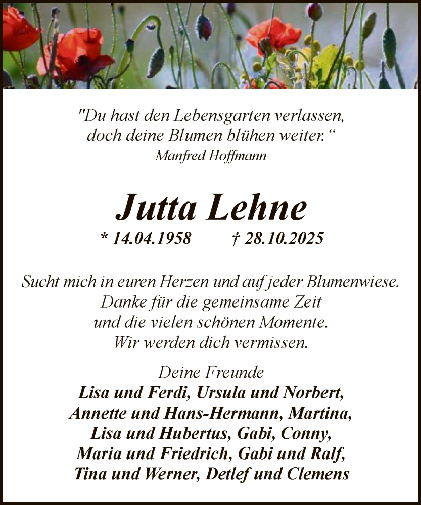  Traueranzeige für Jutta Lehne vom 08.11.2025 aus HASK