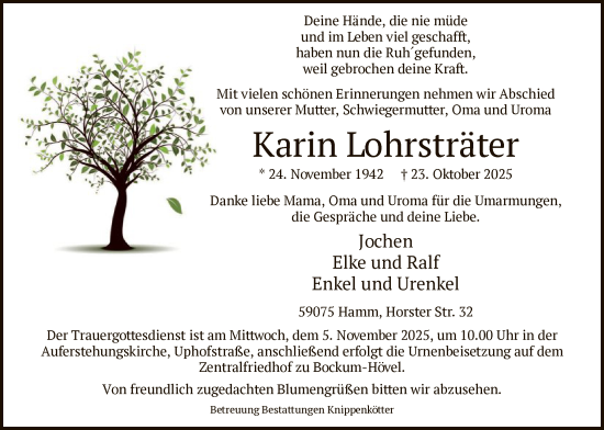 Traueranzeige von Karin Lohrsträter von HAWA