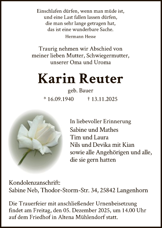 Traueranzeige von Karin Reuter von HALN