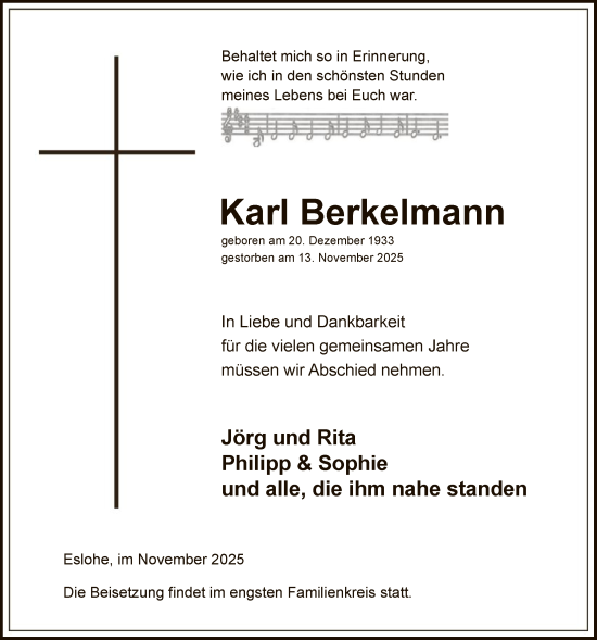 Traueranzeige von Karl Berkelmann von HASK