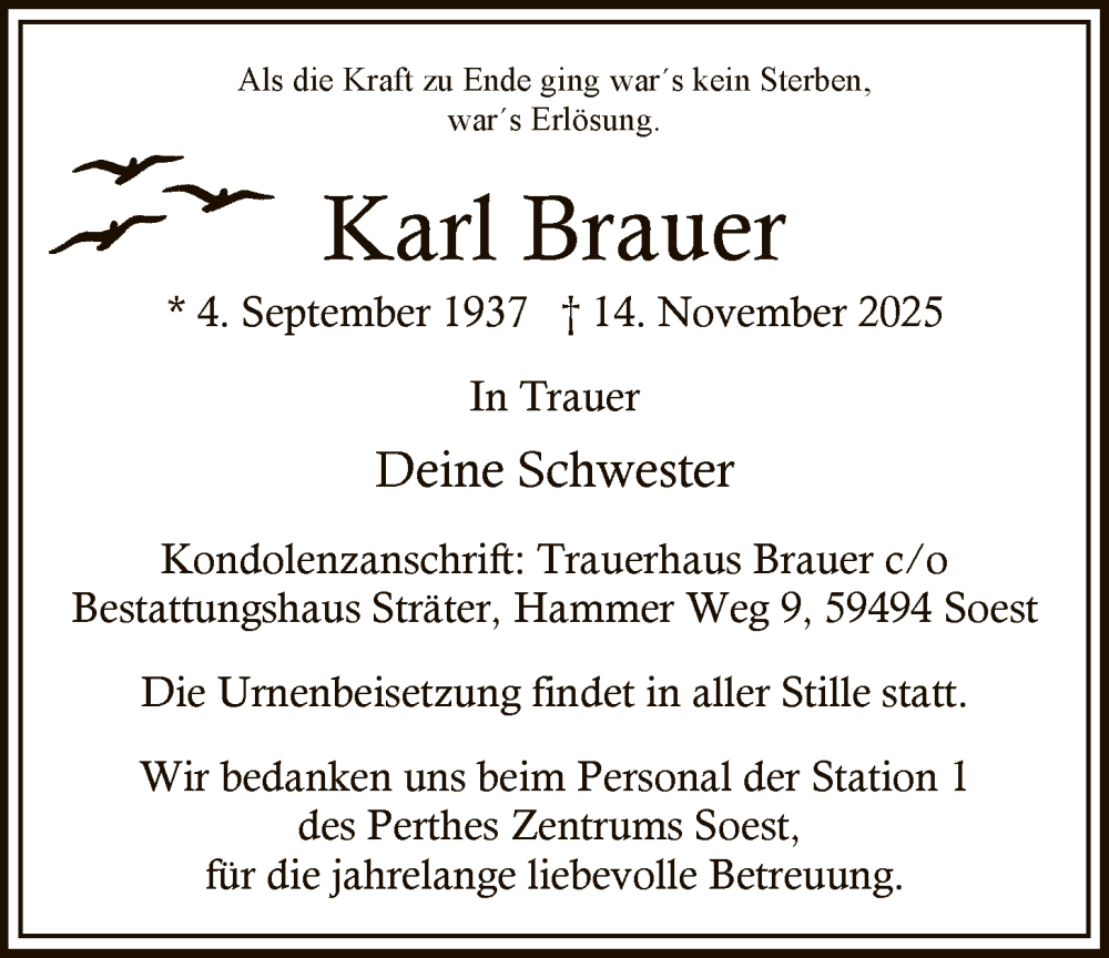  Traueranzeige für Karl Brauer vom 29.11.2025 aus HASO