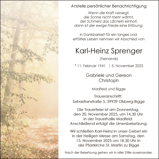 Traueranzeige von Karl-Heinz Sprenger von HASK
