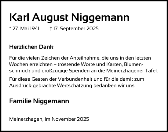 Traueranzeige von Karl August Niggemann von HALN