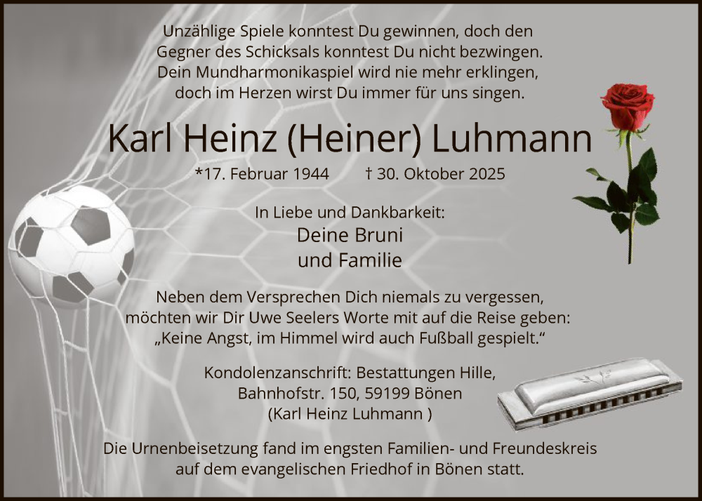  Traueranzeige für Karl Heinz Luhmann vom 15.11.2025 aus HAWA