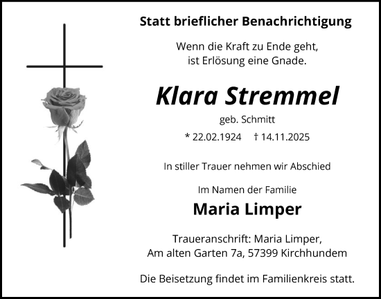 Traueranzeige von Klara Stremmel von HASK