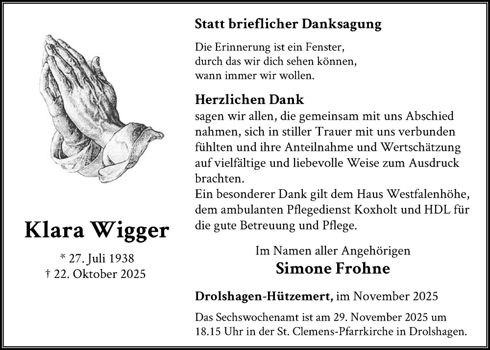  Traueranzeige für Klara Wigger vom 22.11.2025 aus HASK