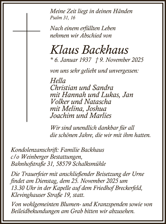 Traueranzeige von Klaus Backhaus von HALN