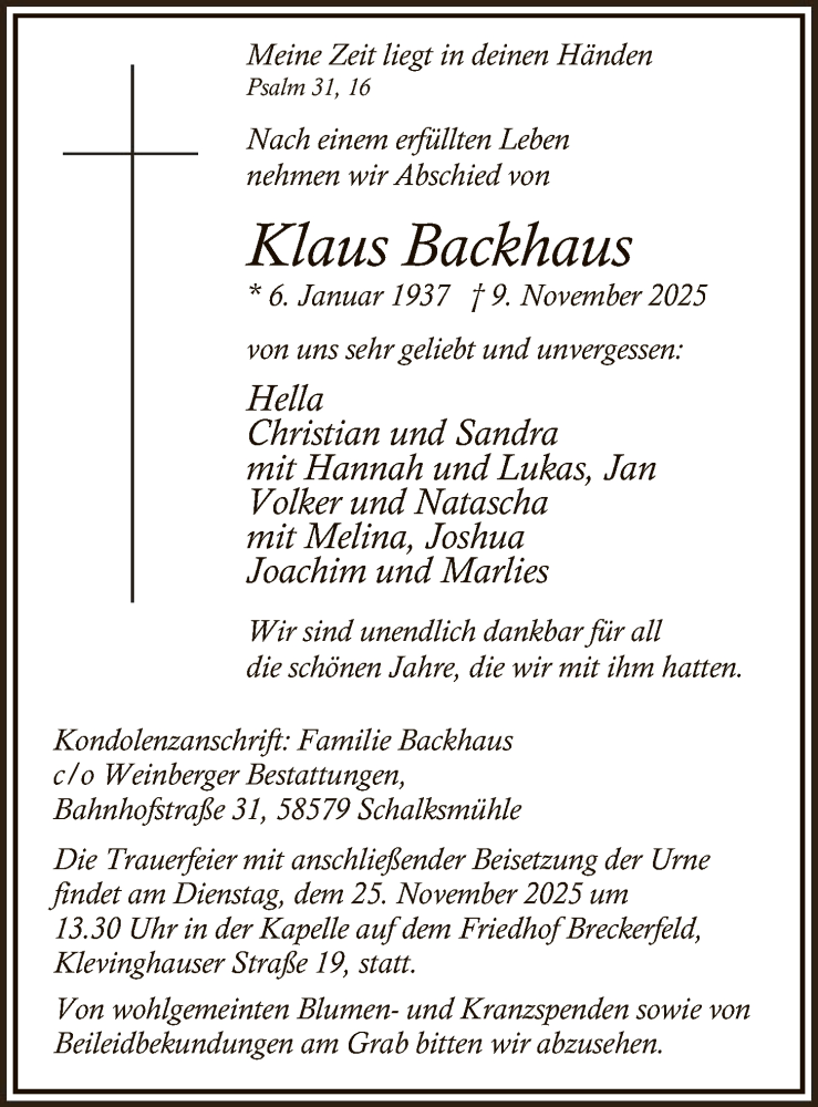  Traueranzeige für Klaus Backhaus vom 22.11.2025 aus HALN