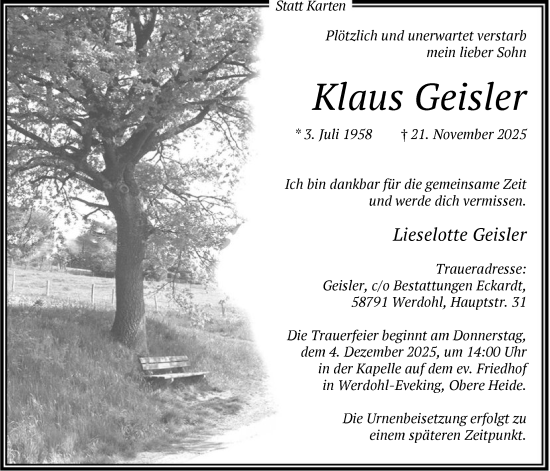 Traueranzeige von Klaus Geisler von HALN