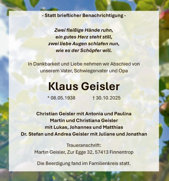 Traueranzeige von Klaus Geisler von HASK