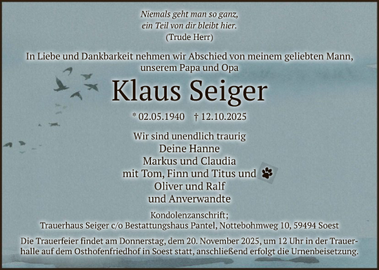 Traueranzeige von Klaus Seiger von HASO