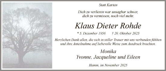 Traueranzeige von Klaus Dieter Rohde von HAWA