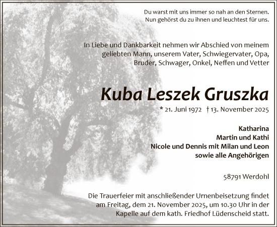 Traueranzeige von Kuba Leszek Gruszka von HALN