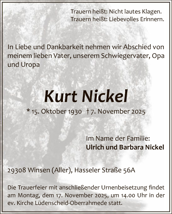 Traueranzeige von Kurt Nickel von HALN