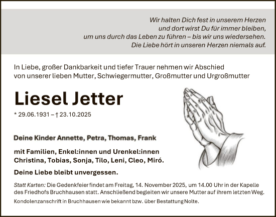 Traueranzeige von Liesel Jetter von HASK
