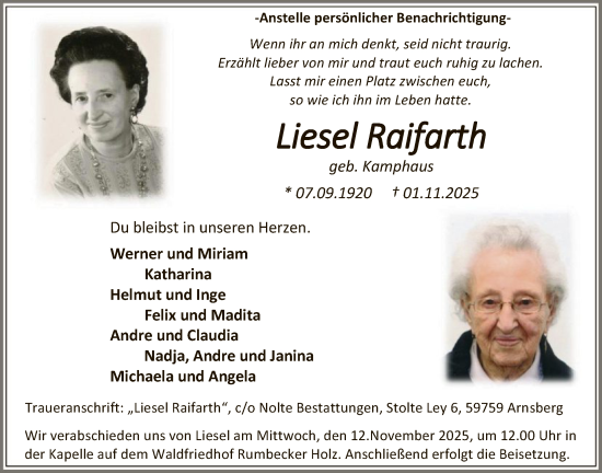 Traueranzeige von Liesel Raifarth von HASK