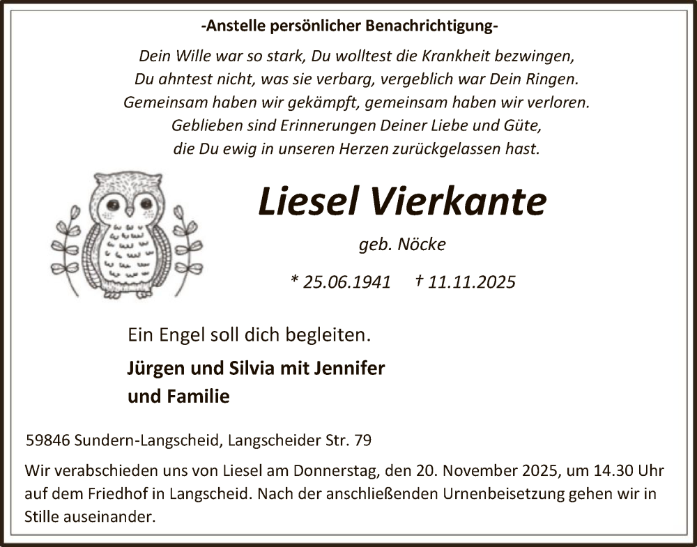  Traueranzeige für Liesel Vierkante vom 15.11.2025 aus HASK