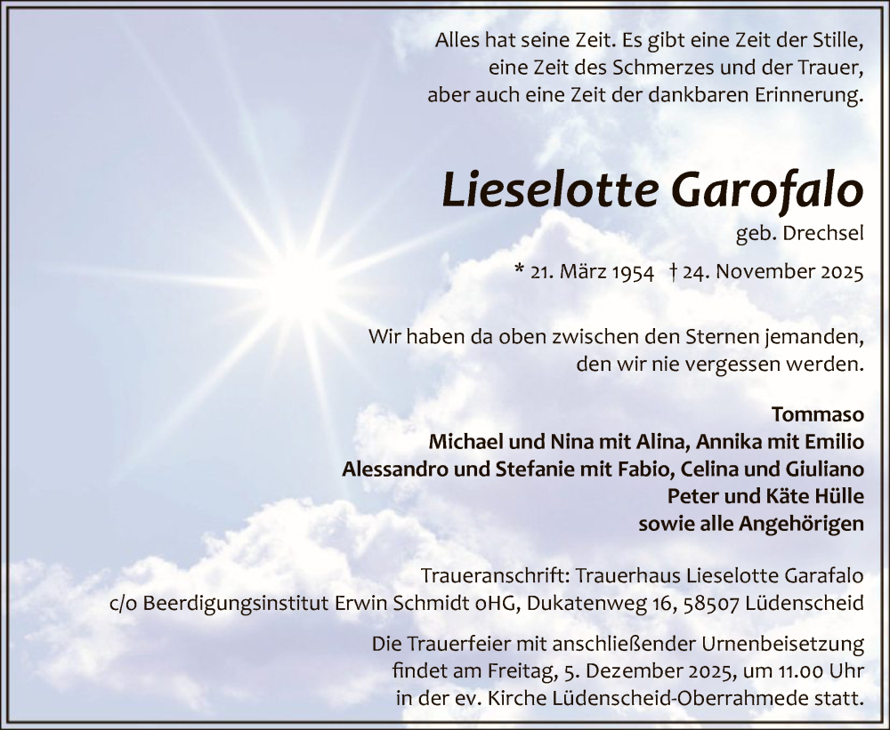  Traueranzeige für Lieselotte Garofalo vom 28.11.2025 aus HALN