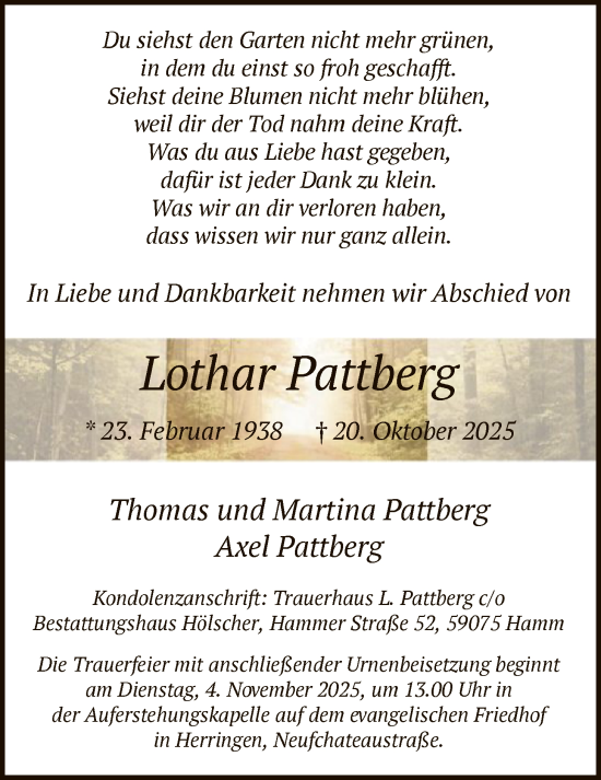 Traueranzeige von Lothar Pattberg von HAWA