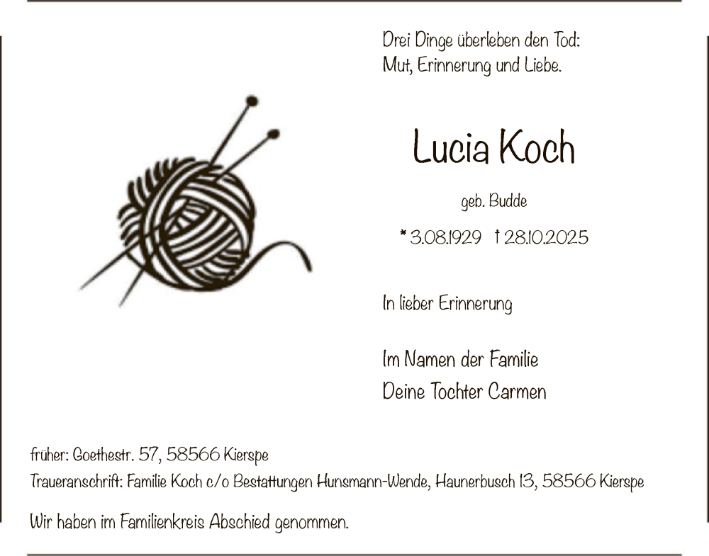  Traueranzeige für Lucia Koch vom 15.11.2025 aus HALN