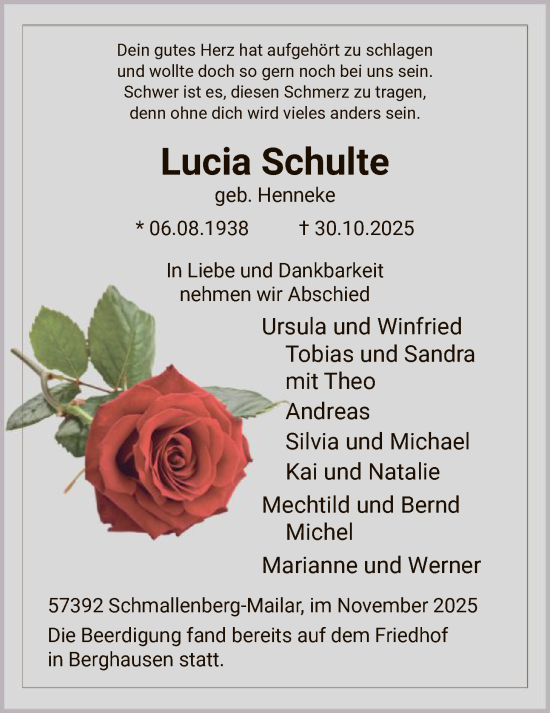 Traueranzeige von Lucia Schulte von HASK
