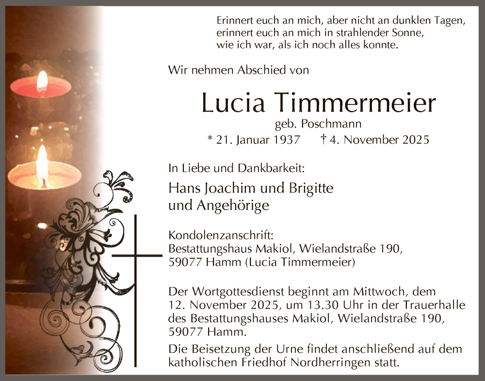  Traueranzeige für Lucia Timmermeier vom 08.11.2025 aus HAWA
