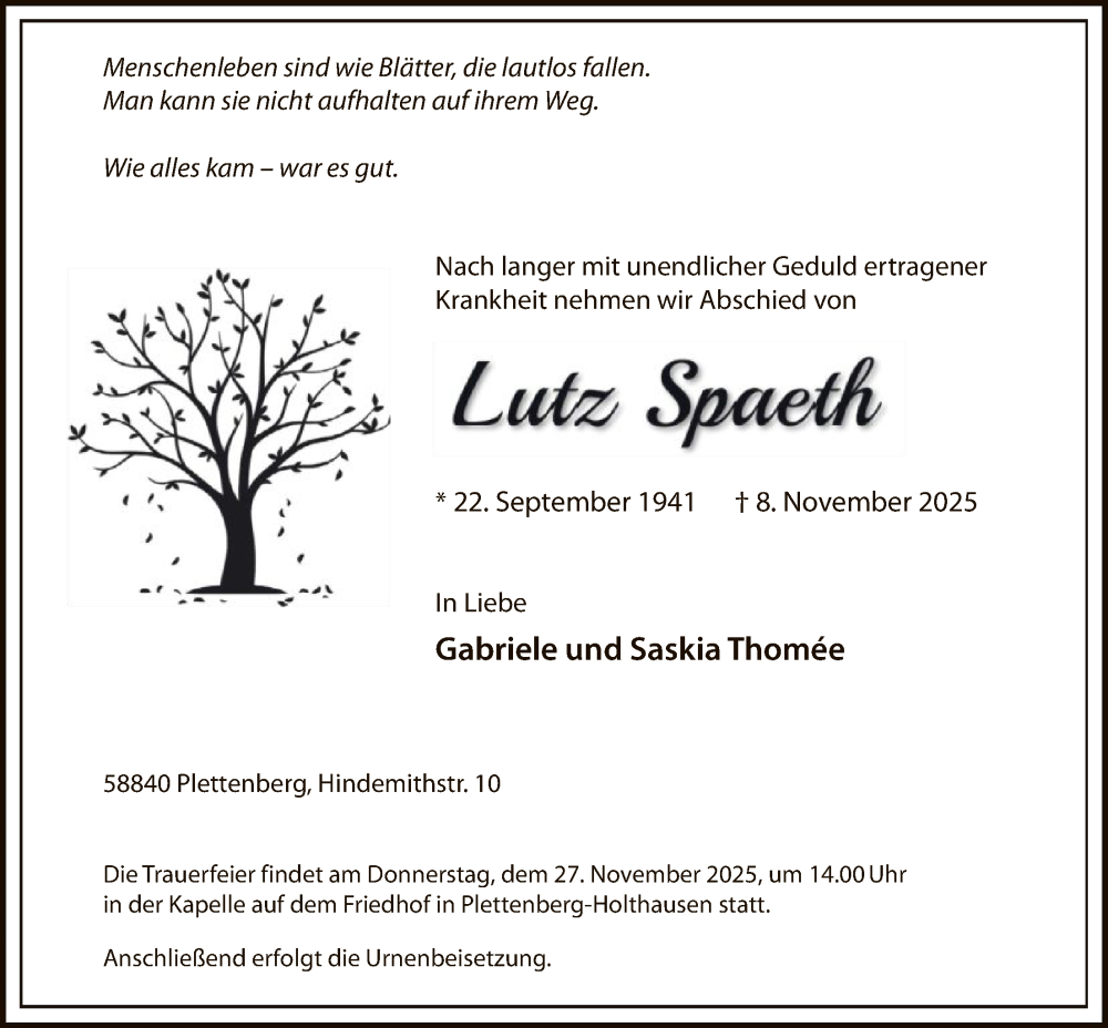  Traueranzeige für Lutz Spaeth vom 24.11.2025 aus HALN