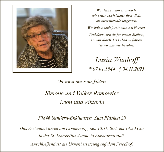 Traueranzeige von Luzia Wiethoff von HASK