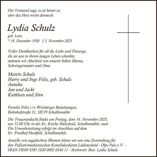 Traueranzeige von Lydia Schulz von HALN