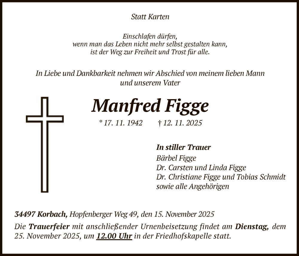  Traueranzeige für Manfred Figge vom 15.11.2025 aus HASK
