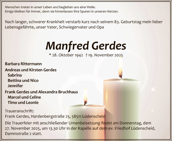 Traueranzeige von Manfred Gerdes von HALN