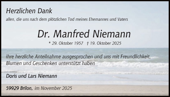 Traueranzeige von Manfred Niemann von HASK