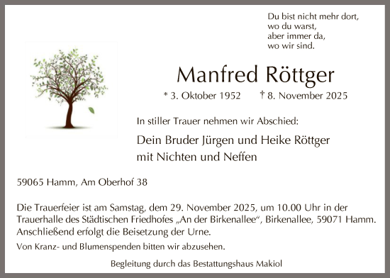 Traueranzeige von Manfred Röttger von HAWA