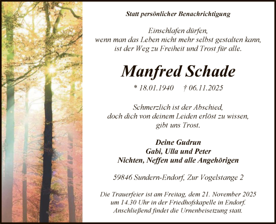 Traueranzeige von Manfred Schade von HASK