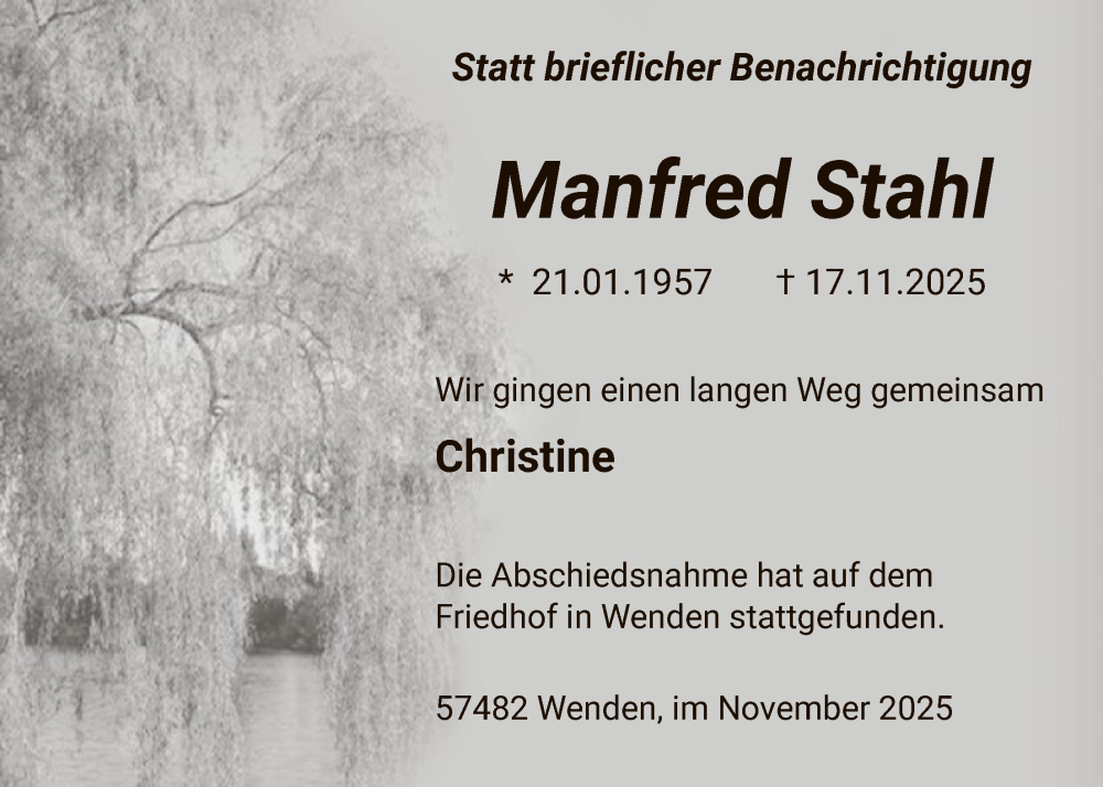  Traueranzeige für Manfred Stahl vom 29.11.2025 aus HASK