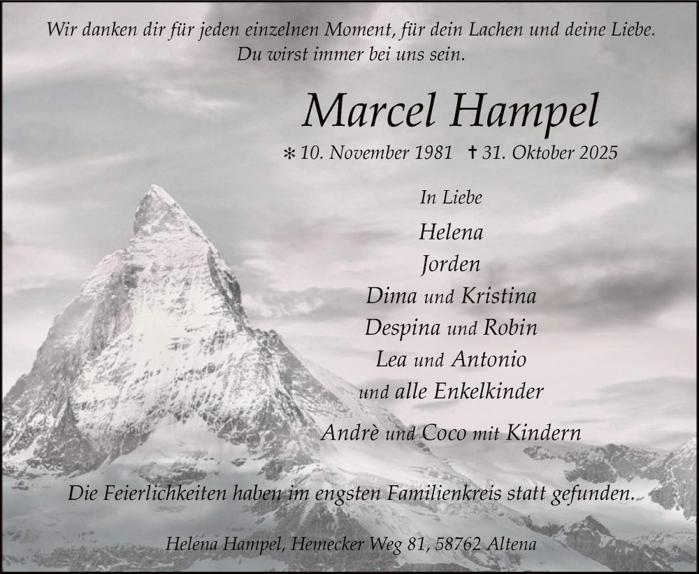  Traueranzeige für Marcel Hampel vom 22.11.2025 aus HALN