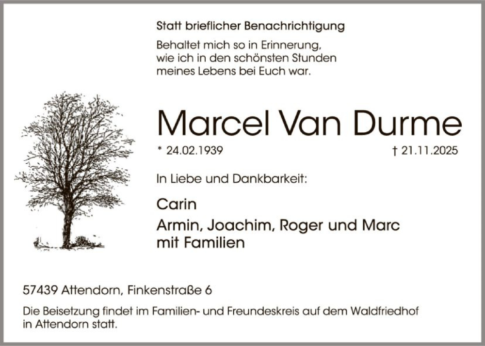  Traueranzeige für Marcel Van Durme vom 29.11.2025 aus HASK