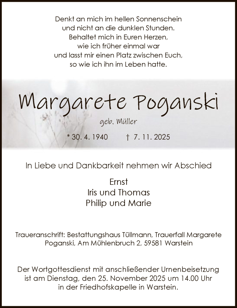  Traueranzeige für Margarete Poganski vom 18.11.2025 aus HASO