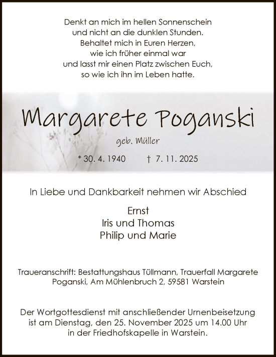 Traueranzeige von Margarete Poganski von HASO