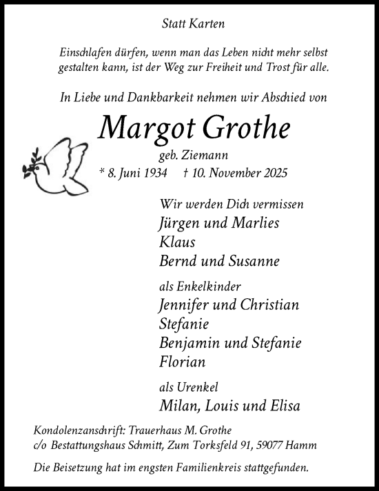 Traueranzeige von Margot Grothe von HAWA