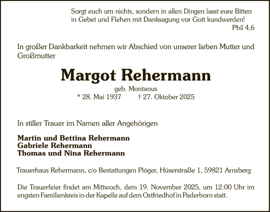 Traueranzeige von Margot Rehermann von HASK
