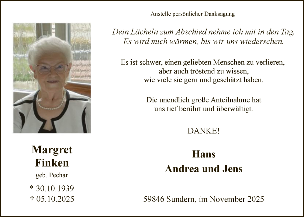  Traueranzeige für Margret Finken vom 29.11.2025 aus HASK