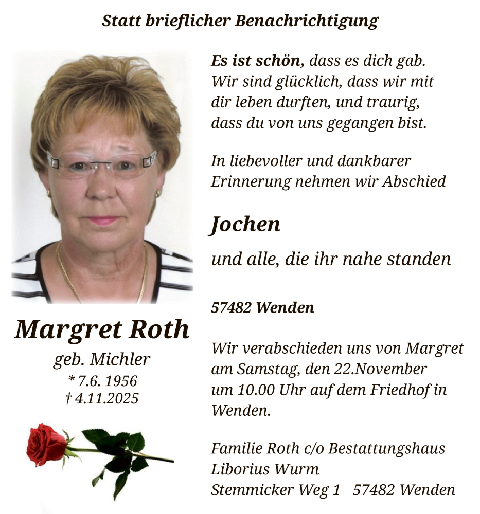  Traueranzeige für Margret Roth vom 15.11.2025 aus HASK
