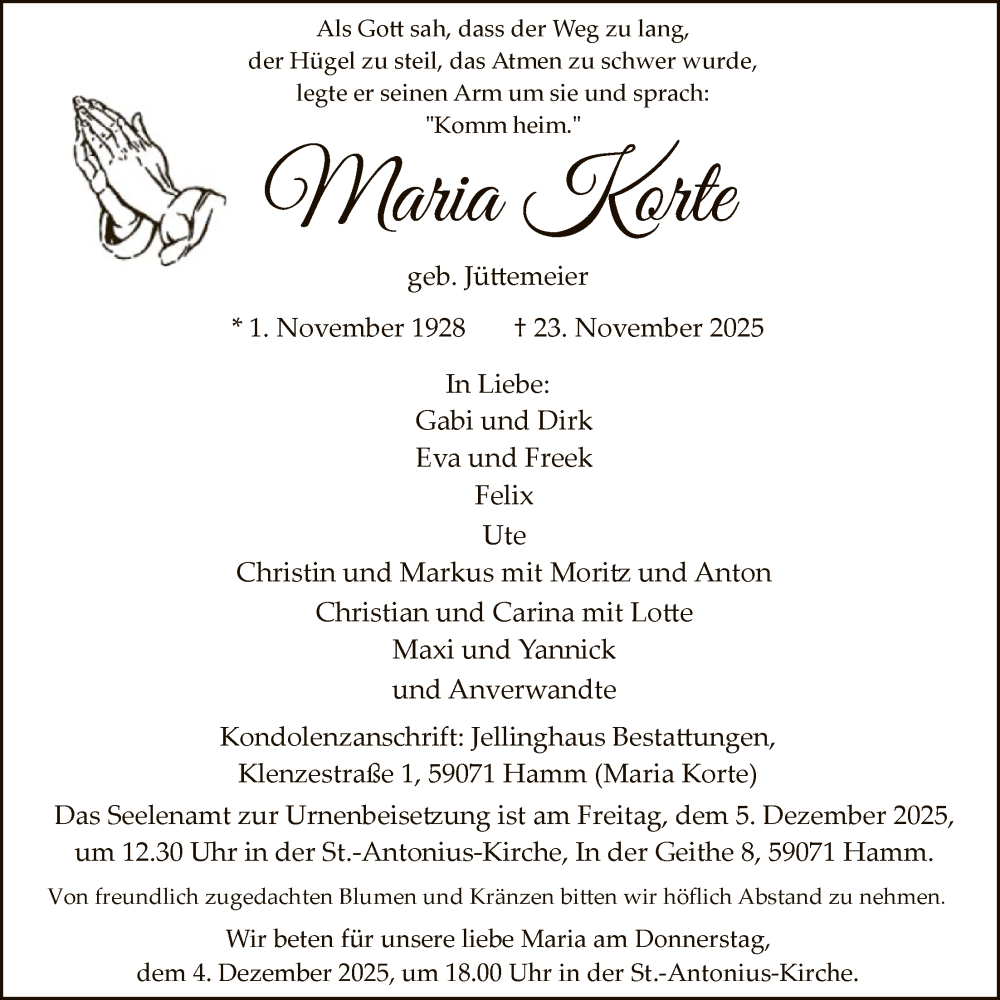 Traueranzeige für Maria Korte vom 29.11.2025 aus HAWA